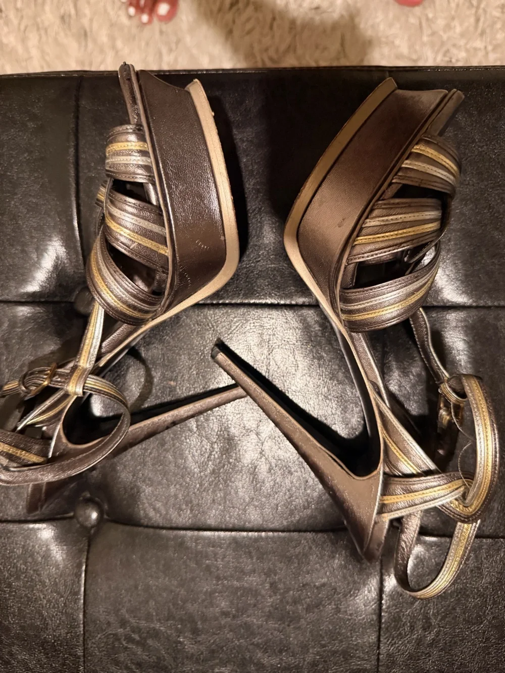 Yves Saint Laurent Metallic Brown Gold Strappy Heels